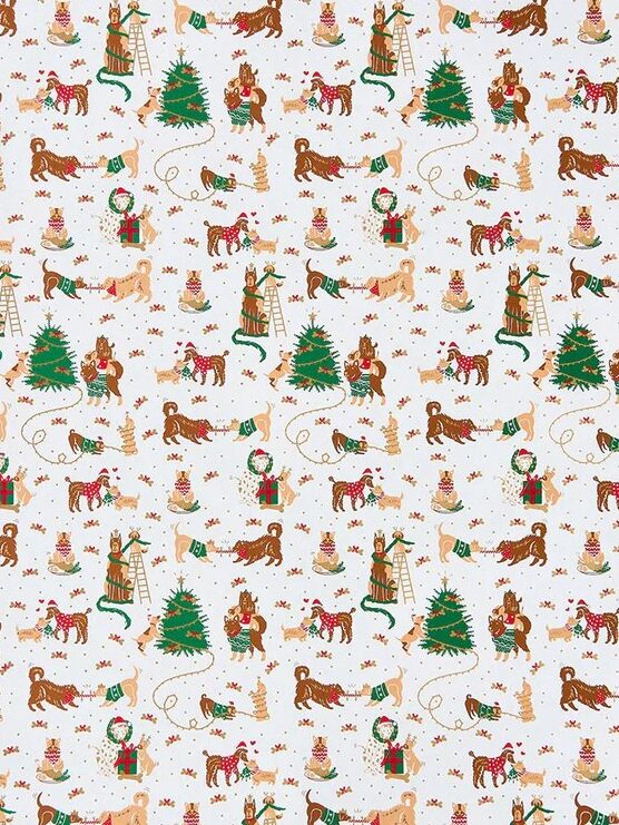 Patterned wrapping paper featuring Christmas trees, gingerbread people, rocking horses, gifts, toy soldiers, and festive holiday decorations on a white background.