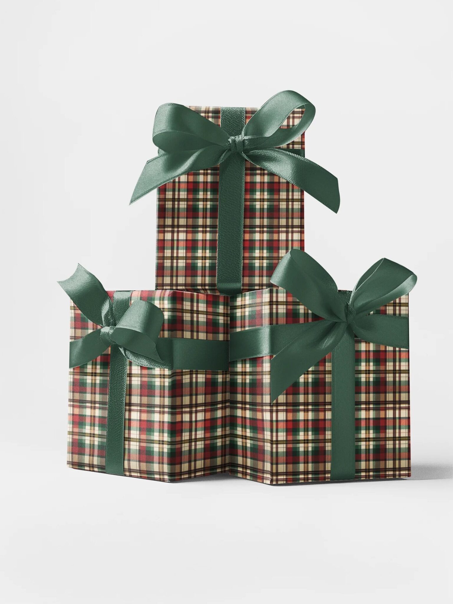 Three gift boxes wrapped in red, green, and white plaid paper, each tied with a green ribbon, stacked against a plain white background.