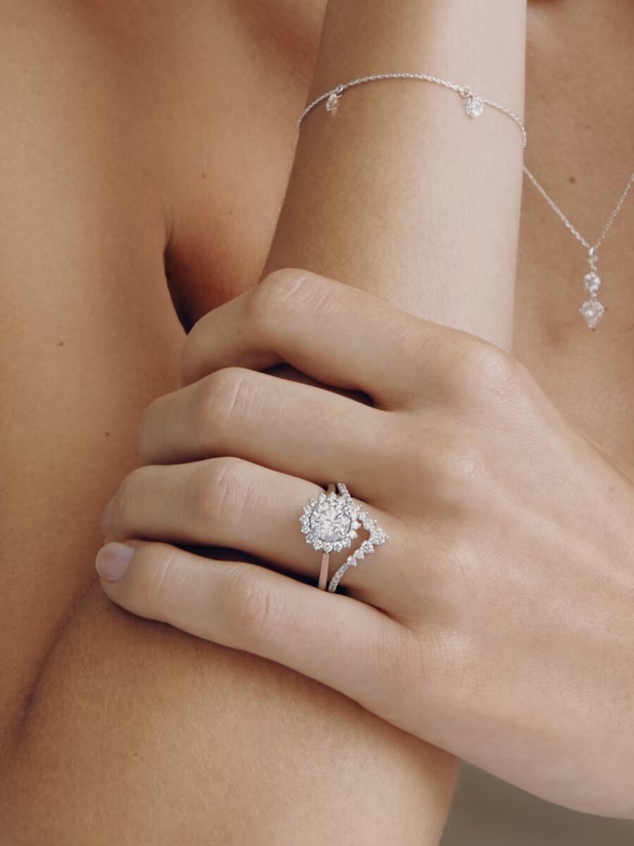 A person wearing a diamond ring on their left hand and a delicate bracelet and necklace, arms crossed against a light background.