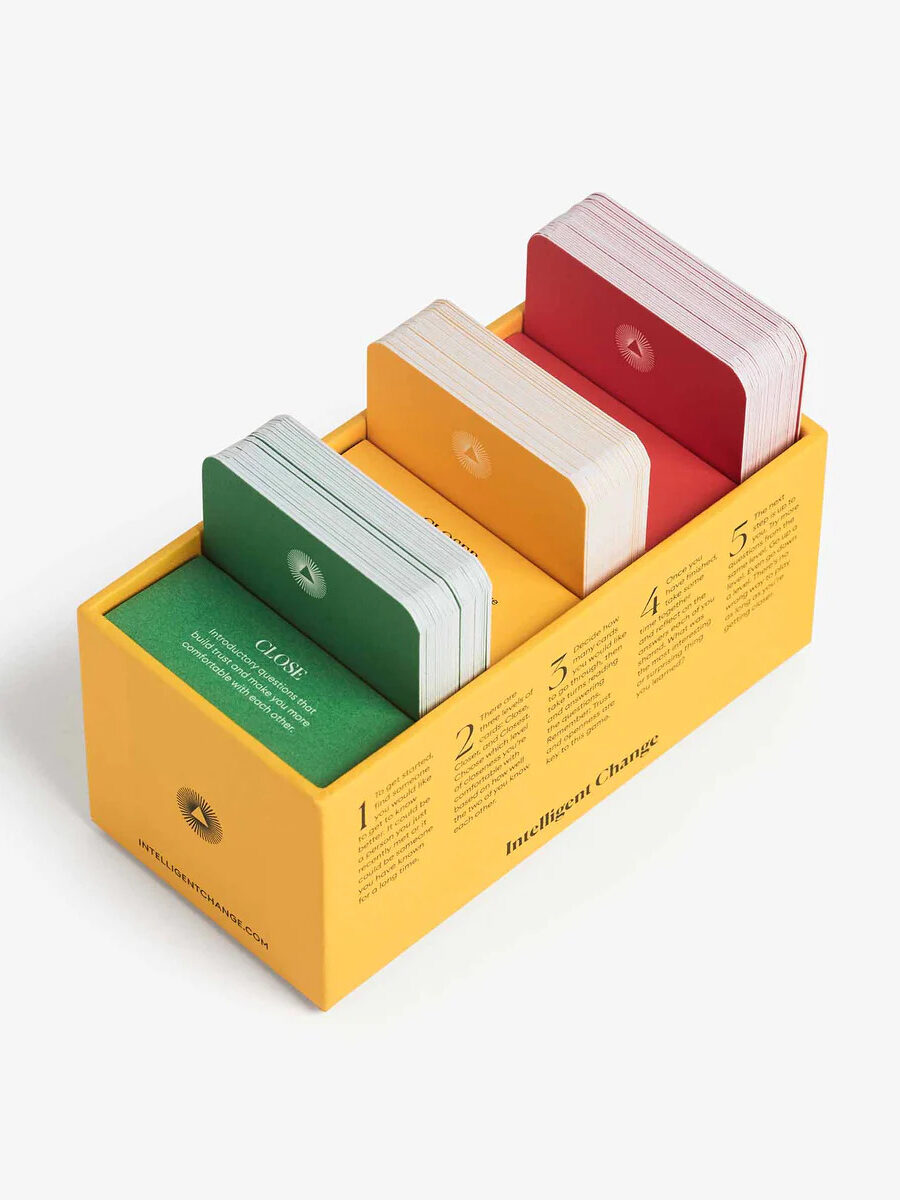 A stack of conversation cards in their yellow box.