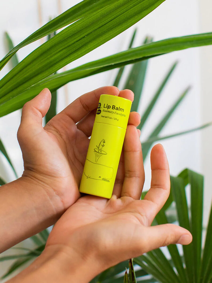 Hands holding a meow meow tweet vegan lip balm.