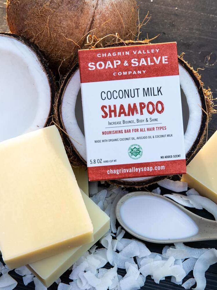 A shampoo bar from Chagrin Valley laying on top of coconuts and coconut milk. 