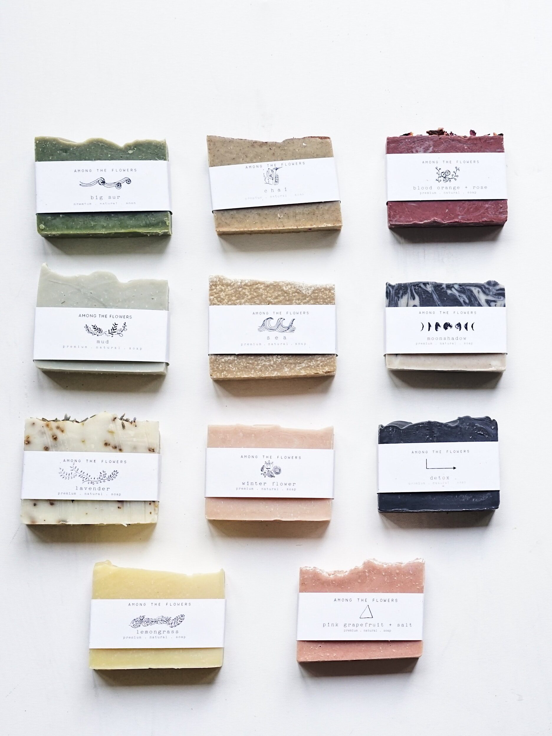 The full collection of Among the Flowers soaps.