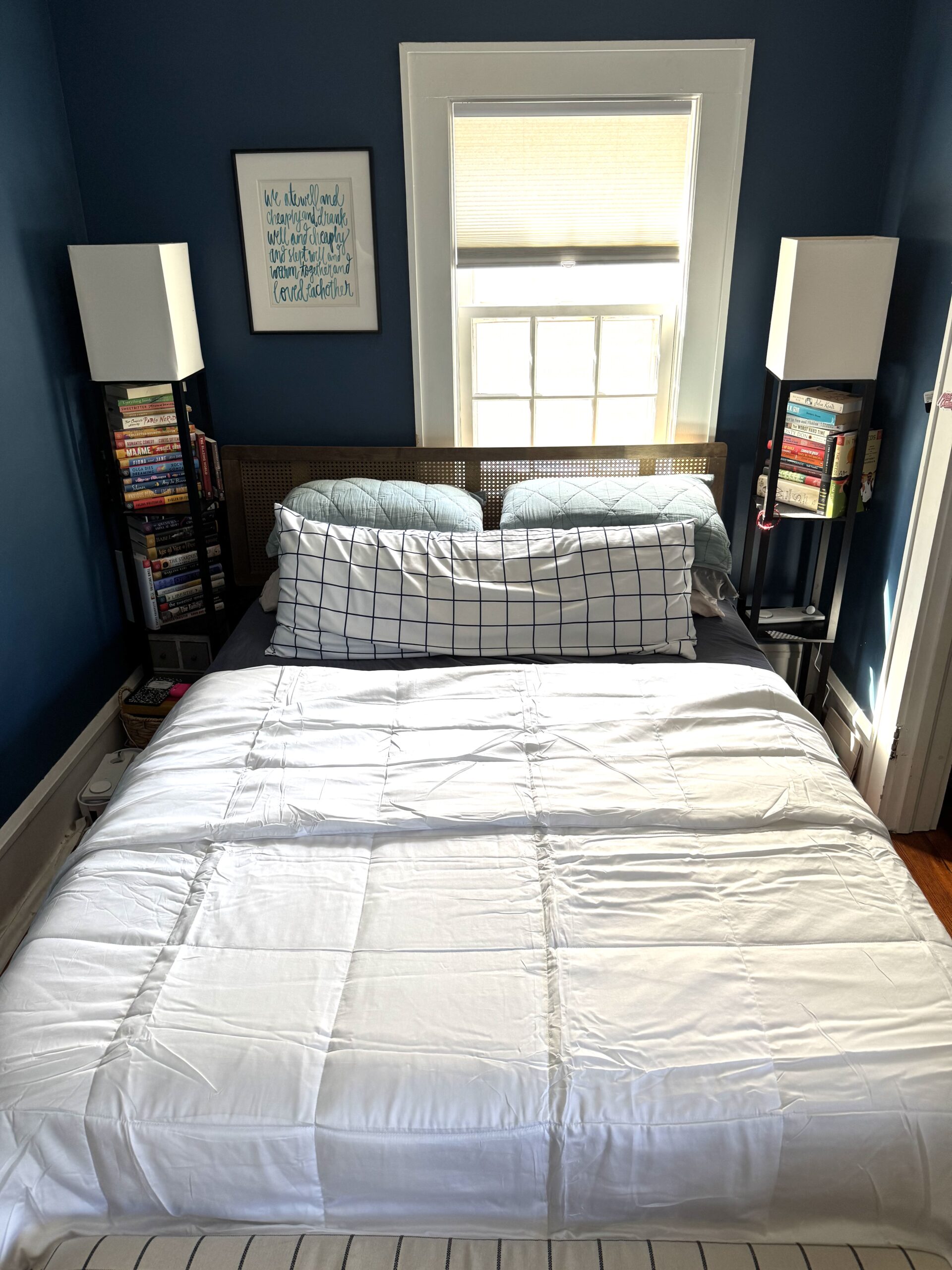 A SIJO comforter on a bed.