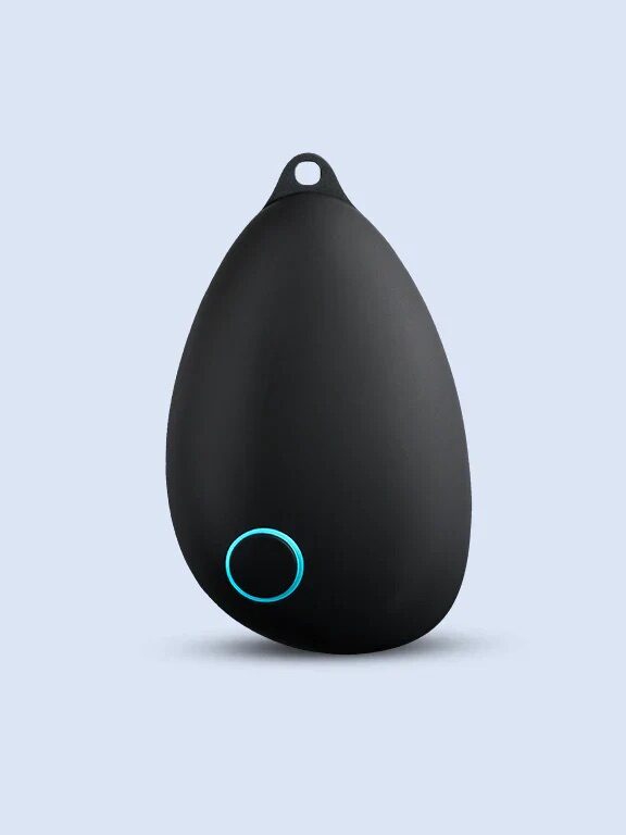 A black, teardrop-shaped electronic device with a small circular blue-lit button near the bottom and a hole at the top for hanging, set against a light gray background.