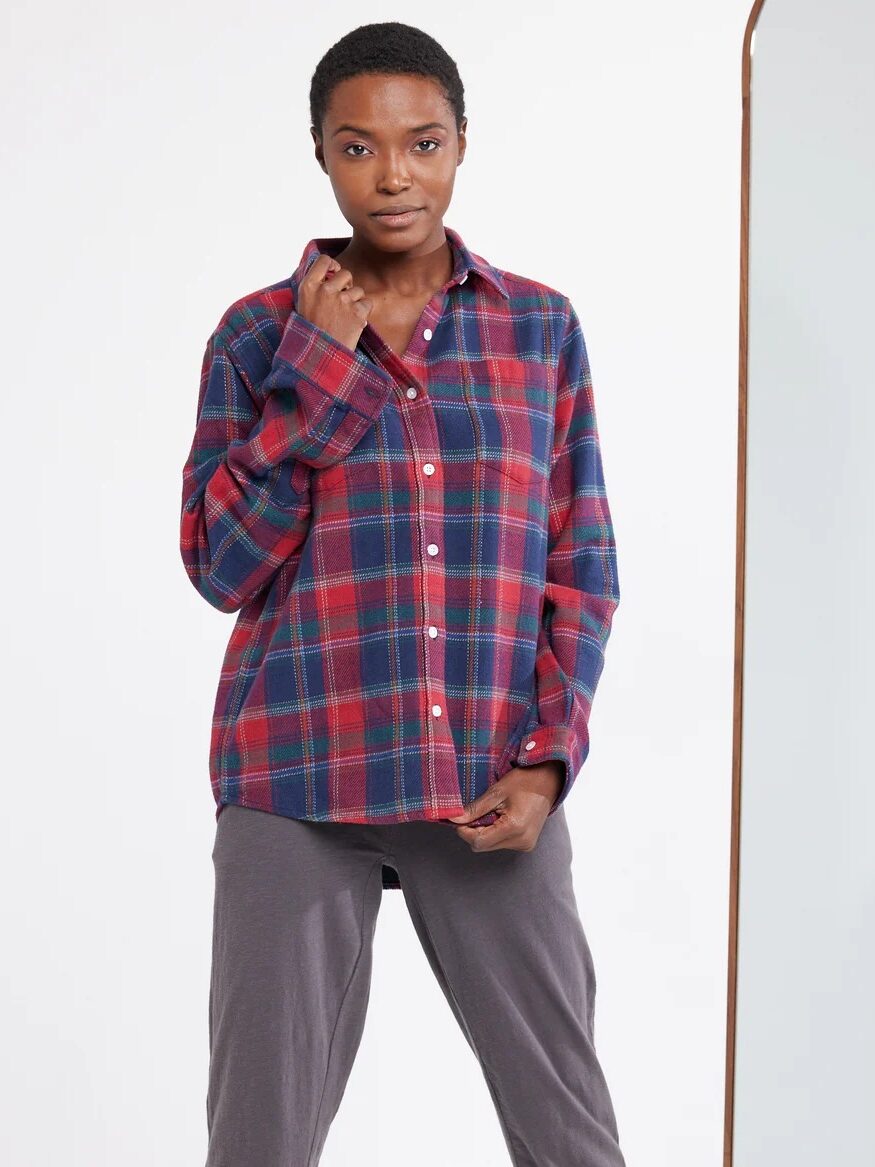 Person wearing a red and blue plaid shirt and gray pants, standing near a mirror against a plain white background.