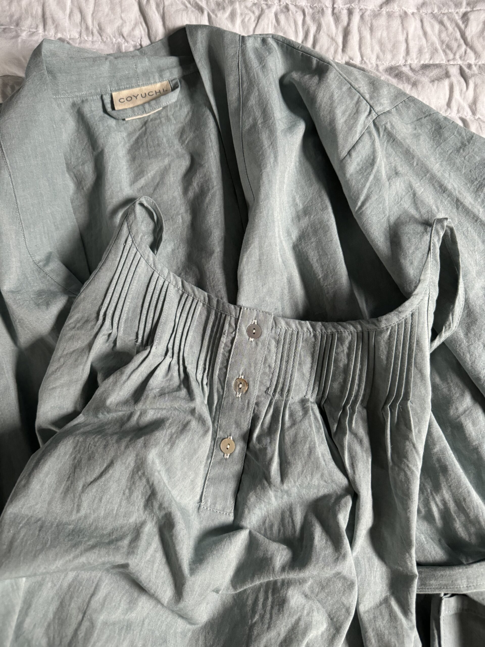 Close up of Coyuchi pajamas. 