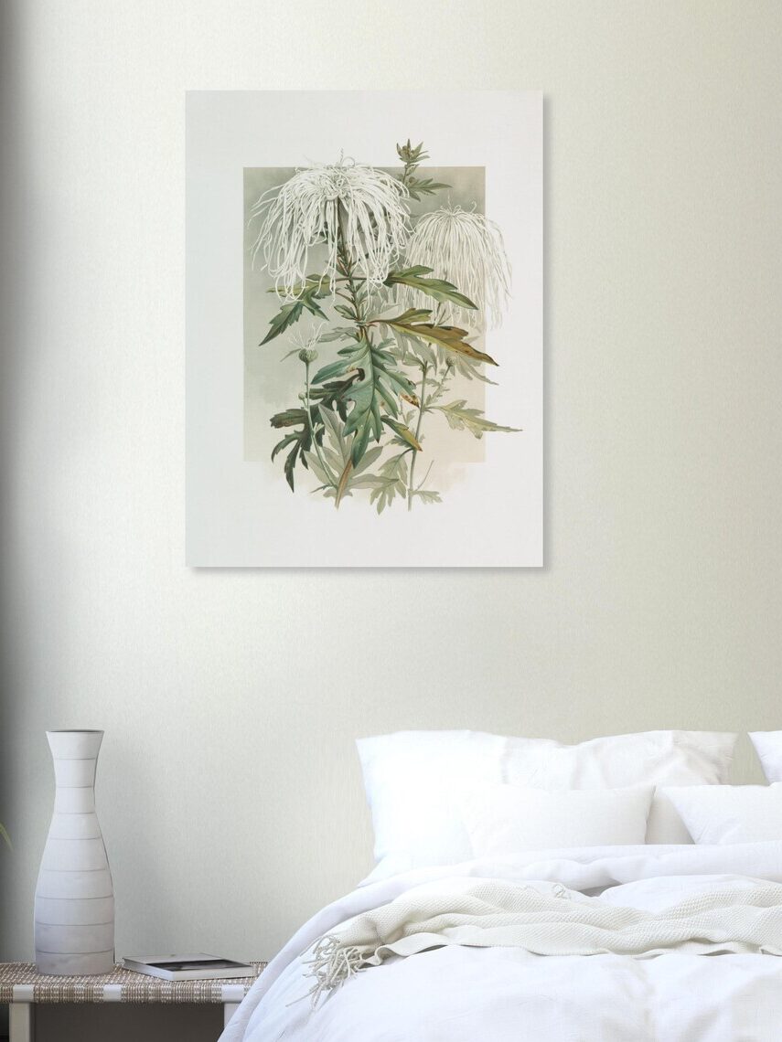 A framed botanical print of a flowering plant is hung on a white wall above a bed. A small plant in a pot and a vase are on a nearby table.