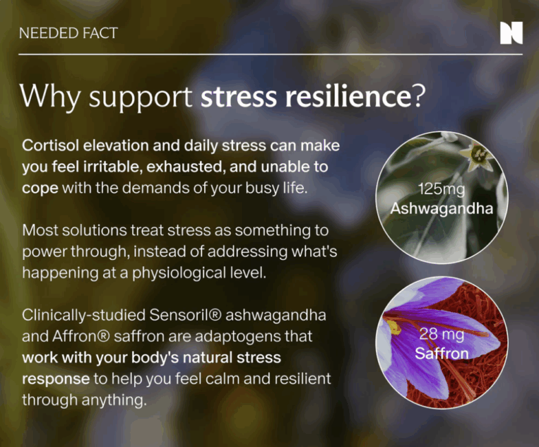 Informational graphic about stress resilience, highlighting ashwagandha and saffron as adaptogens that support the body’s natural stress response, with images of each plant and their dosages.
